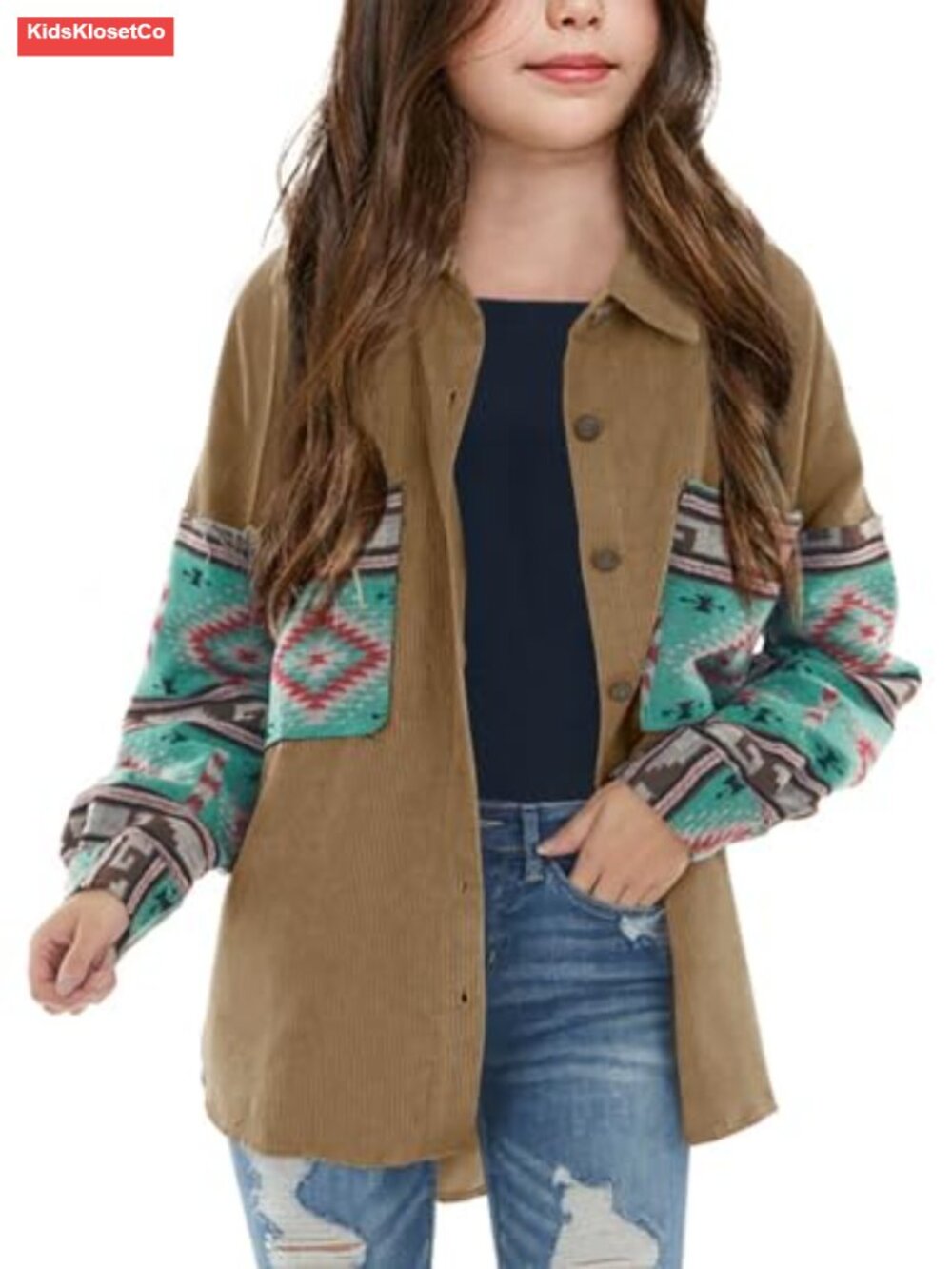 Girls Aztec Print Corduroy Jacket Long Sleeve Blouse